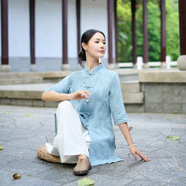提花棉麻中国风新中式禅意茶服中长款女式太极服中袖上衣居士服