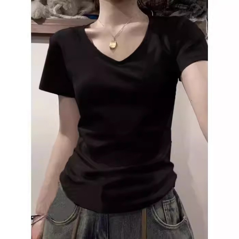 ピュアコットンアメリカンUネックショルダー半袖Tシャツレディース2025夏新作ベーシックインナーレイヤリングカレッジスタイルトップ|undefined