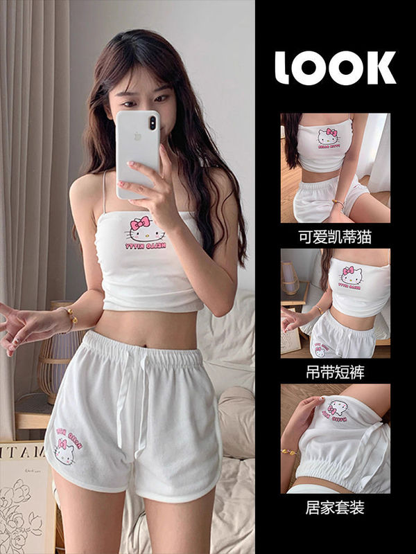 純欲風ストラップパジャマ女性夏2025新かわいい甘いさくらんぼプリントパンツ家庭服夏|undefined