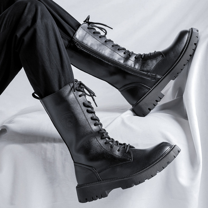 High Boots Genuine Leather Martin Boots Men's British Casual Knight Boots Drawback Motorcycle Boots Thick Bottom Zipper Tooling Boots