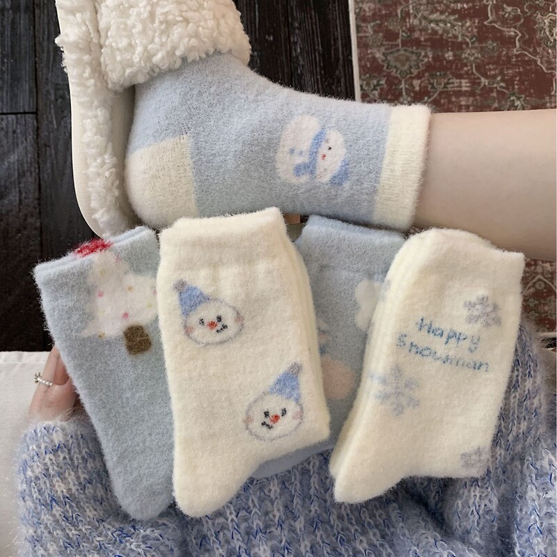 Blue Snowman Australian Velvet Socks for Women in Autumn and Winter Thickeneded Warm Mink Hair Confinement Socks Korean Style Winter Cute Mid-Calf Socks Blue Snowman Australian Velvet Socks for Women in Autumn and Winter Thickeneded Warm Mink Hair Confinement Socks Korean Style Winter Cute Mid-Calf Socks