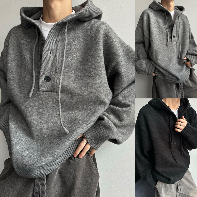 Hooded Knitwear Men's Cleanfit Knitwear Autumn and Winter Loose Lazy Style Half-Open Buttons Trendy Export Cross-Border Wholesale