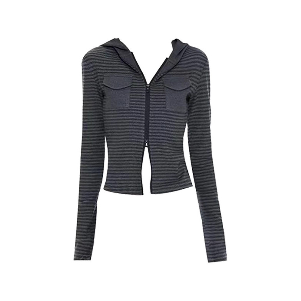Cross-Border Sexy Style Stripesd Long-Sleeved Sweatshirt Jacket for Women 2025 Autum New Slim Short Hooded Cardigan Top