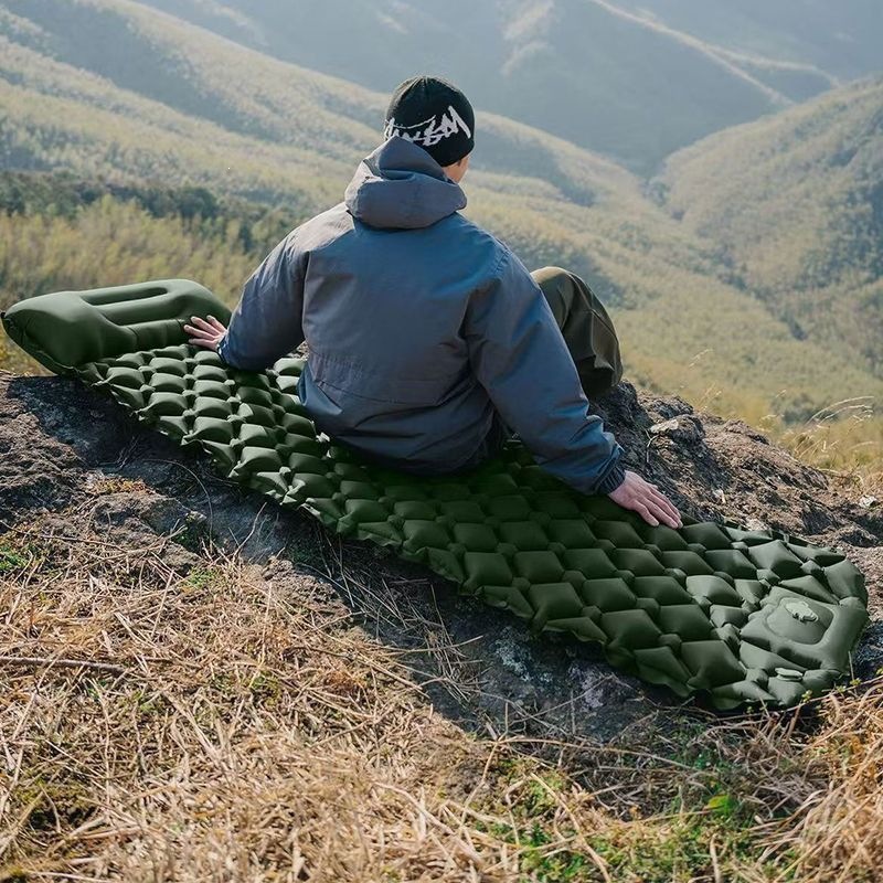 Foot-pump inflatable mattress for camping, double-person moisture-proof ground mat, portable sleeping pad for tent, office rest, and outdoor use