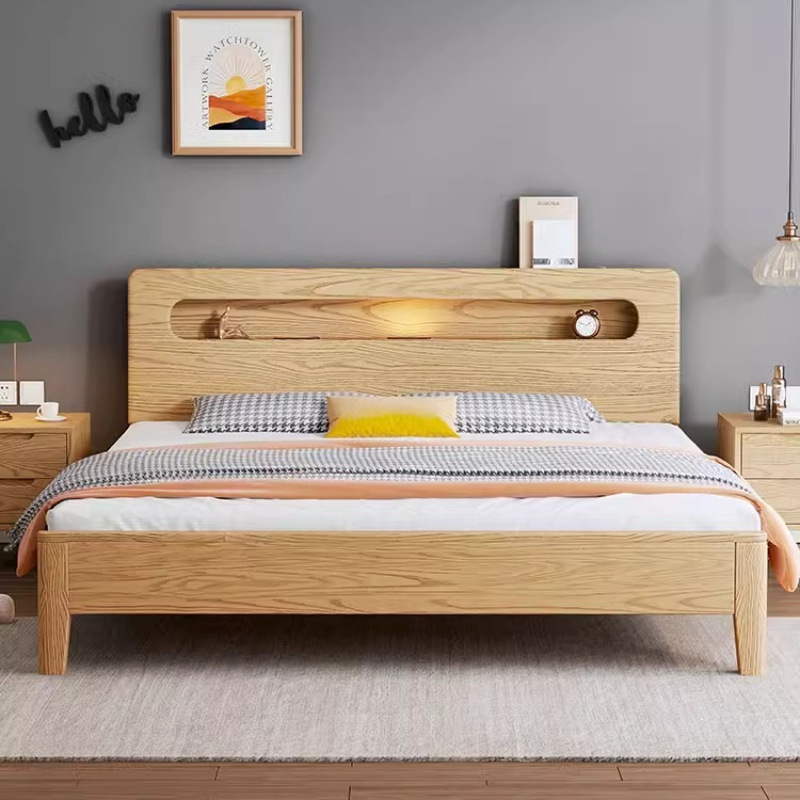 北歐白蠟木實木床1米8雙人主臥大床現代簡約單人家用原木風儲物床