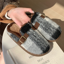 毛绒创意拼色格子包头棉拖鞋女冬季保暖休闲复古风室内软底勃肯鞋