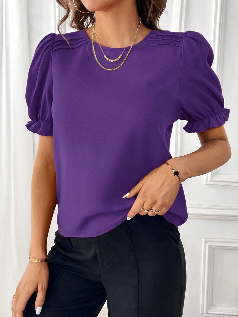 203g Weight Short Sleeve Sleeve Length Pullovers Placket Type Bishop Sleeve Sleeve Type Polyester Fabric Type Regular Top Length Blouse Tops Type Daily Occasion Round Neck Neckline Regular Fit Fit Type Solid Color Pattern Summer, Spring Season Women's Gender Elegant, Streetwear Style Wholesale Women's Elegant Streetwear Solid Color Short Sleeve Blouses 37