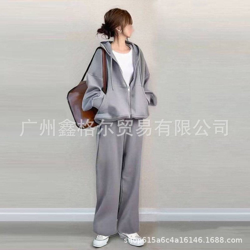 现货2025秋季热卖新款套装女连帽拉链卫衣阔腿裤休闲两件套|undefined