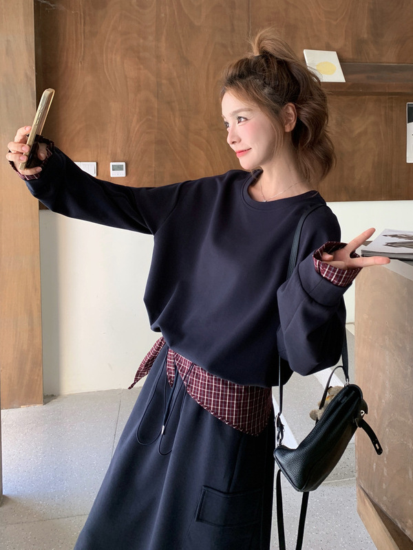 韩系学院风俏皮减龄套装裙女格纹披肩卫衣2025秋新款半身裙两件套|undefined