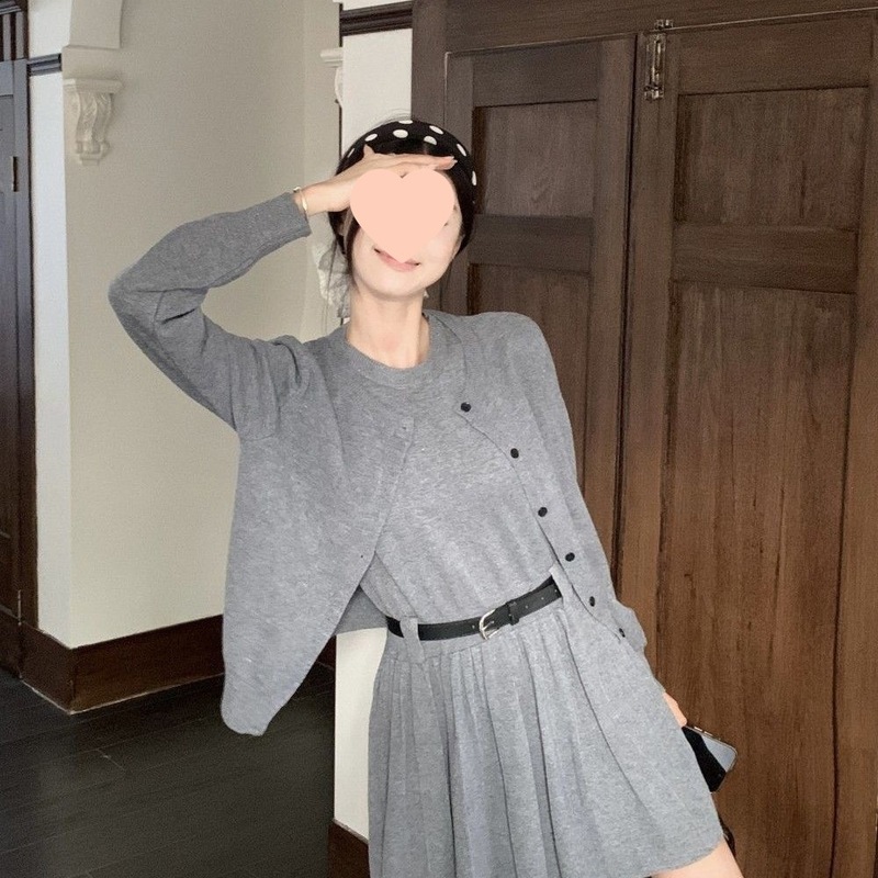温柔气质韩系套装女秋冬季新款纽扣宽松开衫高腰针织背心裙两件套|undefined