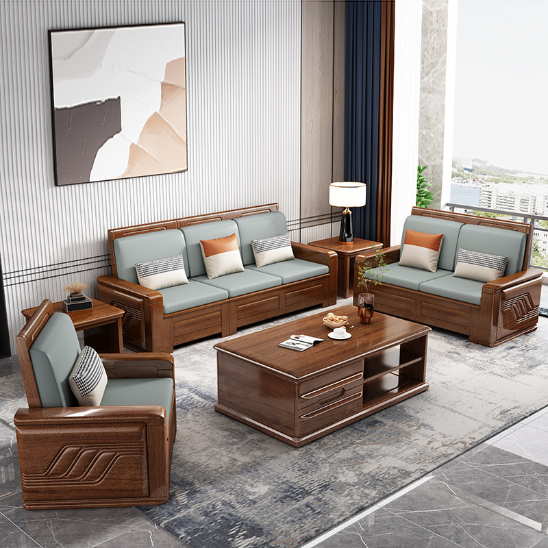 Solid wood sofa combination multi-person removable and washable fabric living room Chinese style rubber wood light luxury chaise sofa manufacturer direct sale