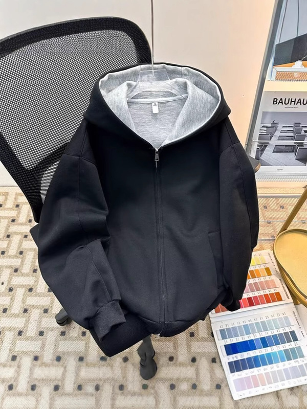 韓国系シンプル風ダブルジッパーフード付きカーディガン男性新型シルエット秋冬高級感cleanfitコート|undefined