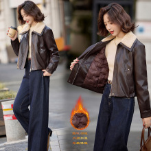 2025冬季新款美式真皮咖色机车皮衣女夹棉加厚羽绒宽松绵羊皮外套