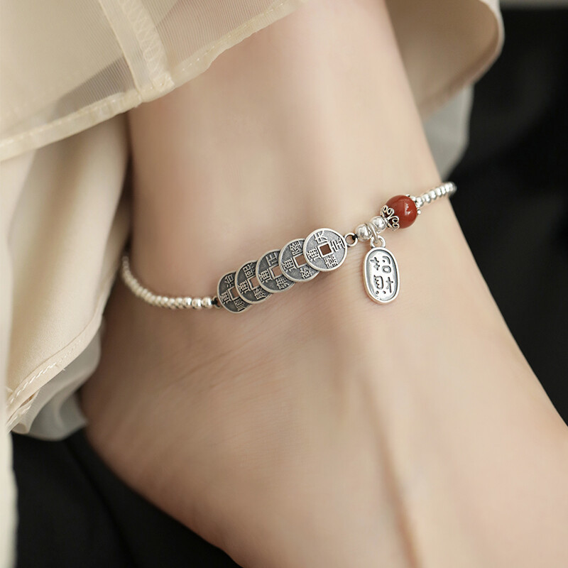S925 Sterling Silver Retro Five Emperors Copper Coin Anklet Women's Fortune and Fortune Animal Year Red Rope Braided Silver Jewelry Gift