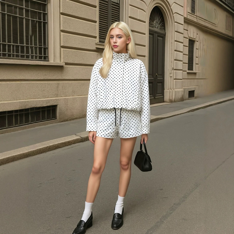 New European and American Style Stand-Collar Women's Polka Dot Bubble Gauze Bomber Jacket with Drawstring for Cross-Border Trade