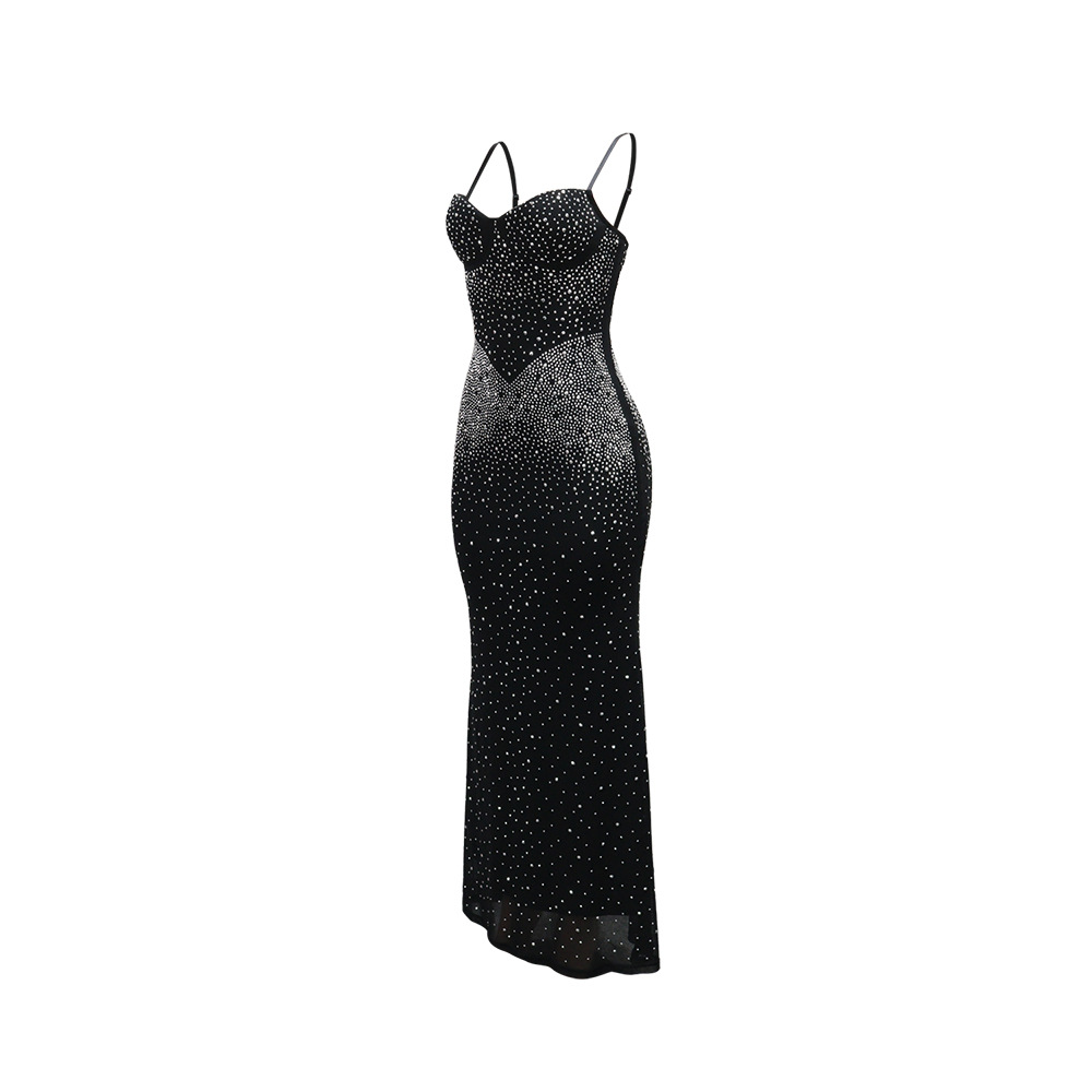 Elegant Spaghetti Strap Long Dress With Rhinestone Details, Women's Chic Bodycon Maxi Dress For Parties_ecoleips.com