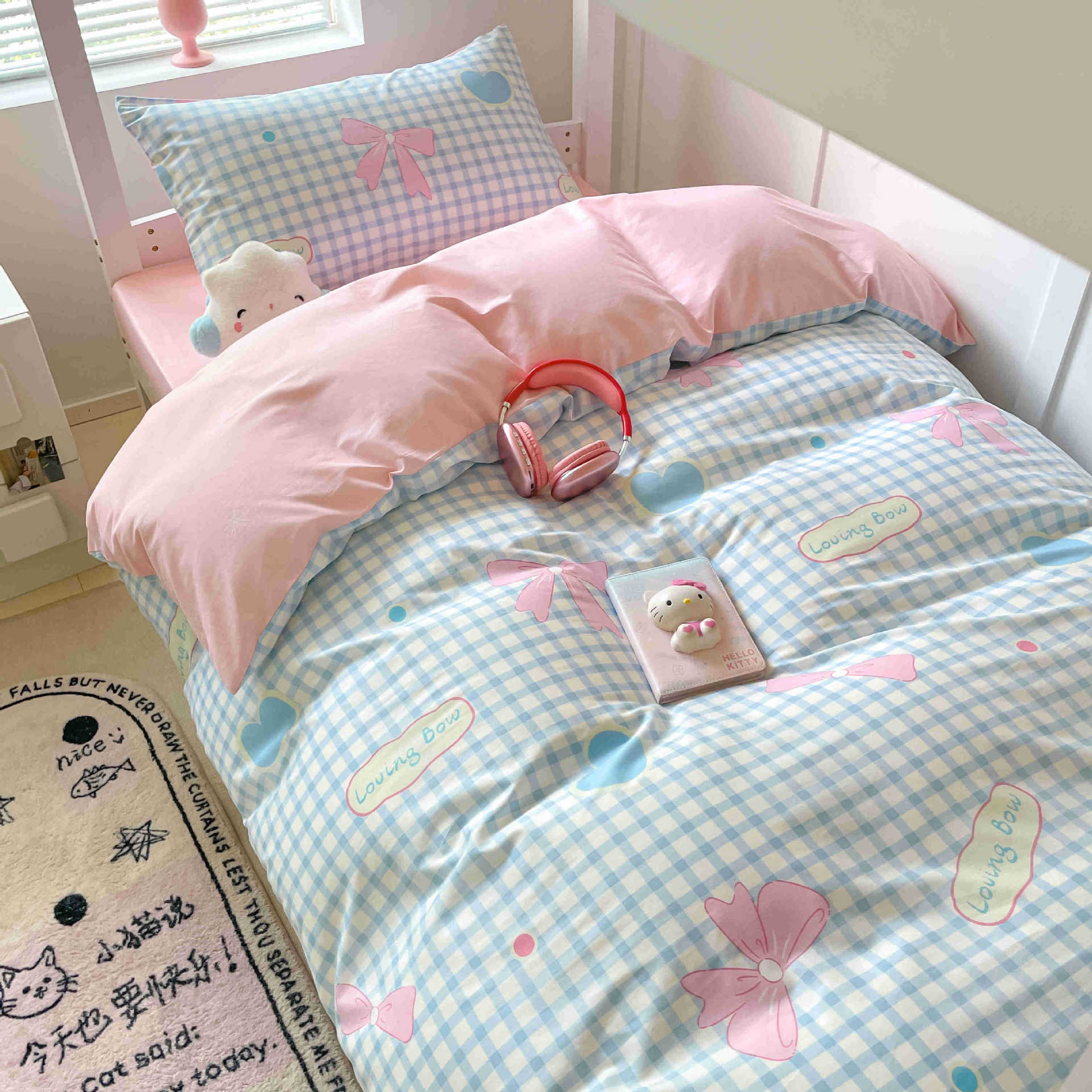 Juego de cama de dormitorio de estudiantes universitarios de tres piezas sábanas de algodón de algodón, funda de edredón, funda de edredón, juego de ropa de cama de seis piezas