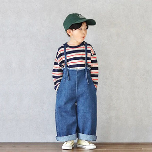 Ankrt Kidsren's Spring, Summer and Autumn Japanese Style Style Girls' Suspender Jeans Boys' Tassel Loose Wide-Leg High-Waisted Pants