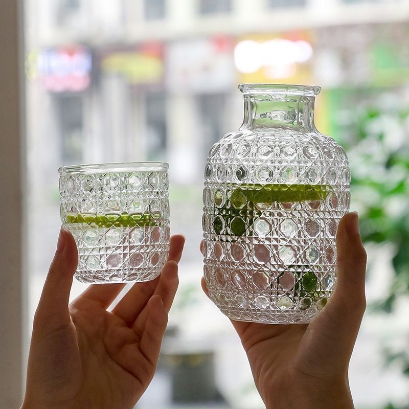 ins风高颜值冷水壶复古刻花海棠花玻璃茶壶一壶一杯果汁玻璃杯|undefined