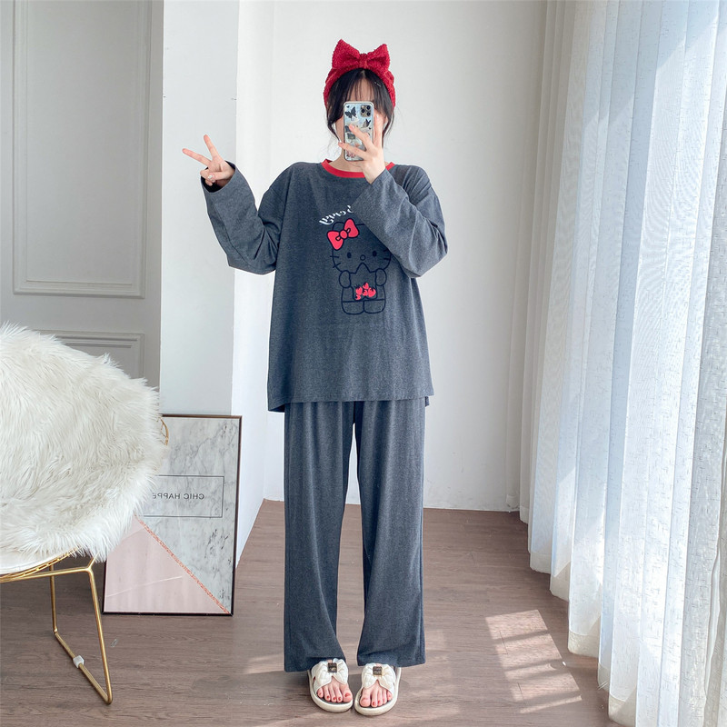 Long-Sleeved Pajamas for Women, Thin Pure Cotton, Sweet and Cute Cat Home Clothes, Fat Girls, Large Size 100kg Pants Suits
