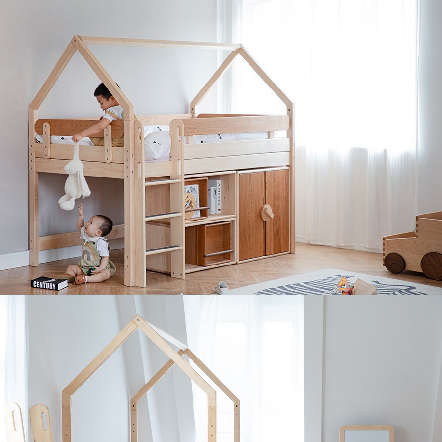 Solid Wood Children's Bed Treehouse Half-Height Bed Castle Slide Bed Loft Wardrobe House Bed Nordic Style