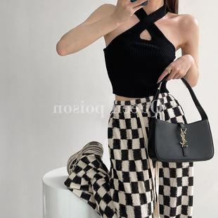 American Retro Chessboard Plaid Pleated Spring and Summer Pants Women's Loose Wide Leg Casual Trousers High Waist Slimming Drawstring Sweat Pants