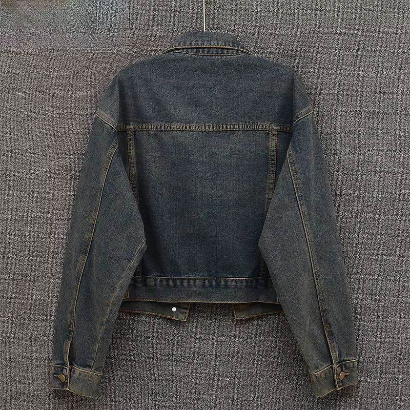 Retro dark blue denim autumn jacket, oversize