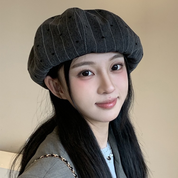 2025年新款韩版复古小众条纹爱心贝雷帽子女春秋季显脸小南瓜帽|undefined