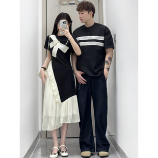 2025 Summer Couple's Short-sleeved French Romantic Stitching Design Crewneck Slim dress