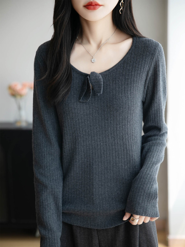 法式设计感蝴蝶结内搭针织衫女2025秋冬新款精纺细毛显瘦打底毛衣|undefined