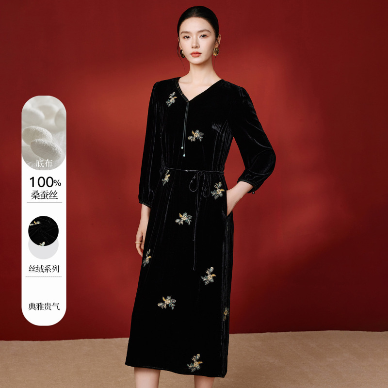 8630 Original Autumn Light Luxury New Chinese Style 100% Silk Dress Autumn Tie-Waist Mid-Length Dress for Banquets