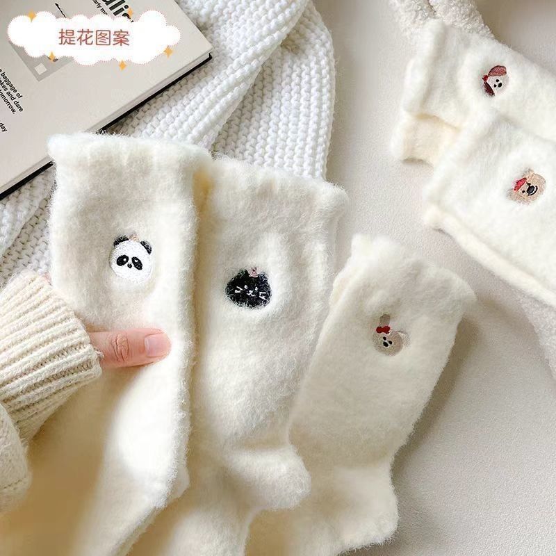 袜子女中筒秋冬款加厚冬季可爱纯白睡眠月子地板加绒保暖毛毛袜子|undefined