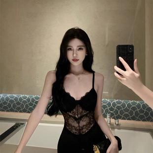 Black Lace Stitching Split Sexy Hip Waist Elegant Evening Dress Skirt with Chest Cushion dress Women