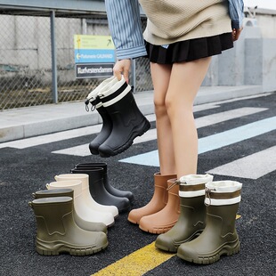 Cross-border Rain Boots Women's Fashionable Outer Wear Mid-tube Waterproof Shoes Non-slip Thick-soled Wear-resistant Rubber Shoes Women's fleece-lined Warm Water Boots