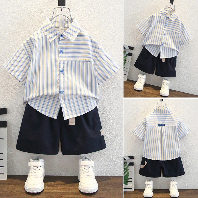 7961 traje de camisa a rayas para niños 2025 nuevos productos de verano para niños, camisa y pantalones cortos para niños de manga corta, traje de dos piezas