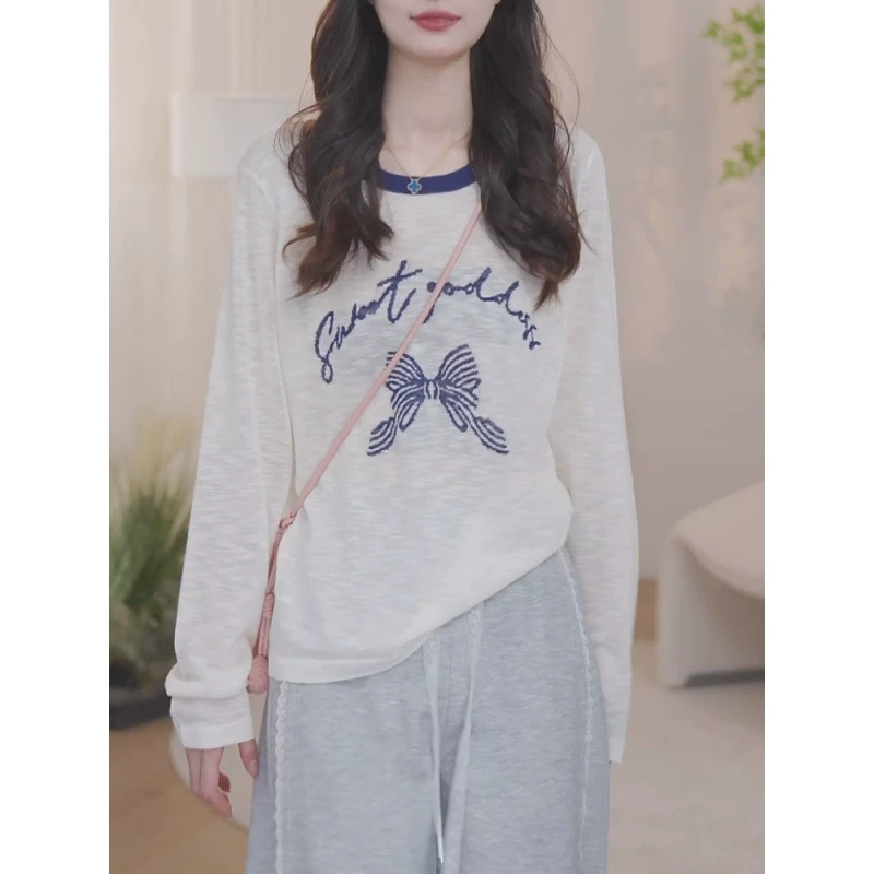 YS8 Корейский стиль с принтом бабочки, слегка прозрачная солнцезащитная футболка с длинными рукавами для женщин, весна и осень 2025, новый стиль для маленьких людей и универсальный