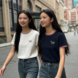 批发夏季新款女装曲珠冰麻丝短袖女针织衫T恤女圆领薄款刺绣dog狗