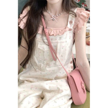 甜美风碎花牛仔背带裤套装女夏小飞袖木耳边上衣宽松拖地阔腿长裤