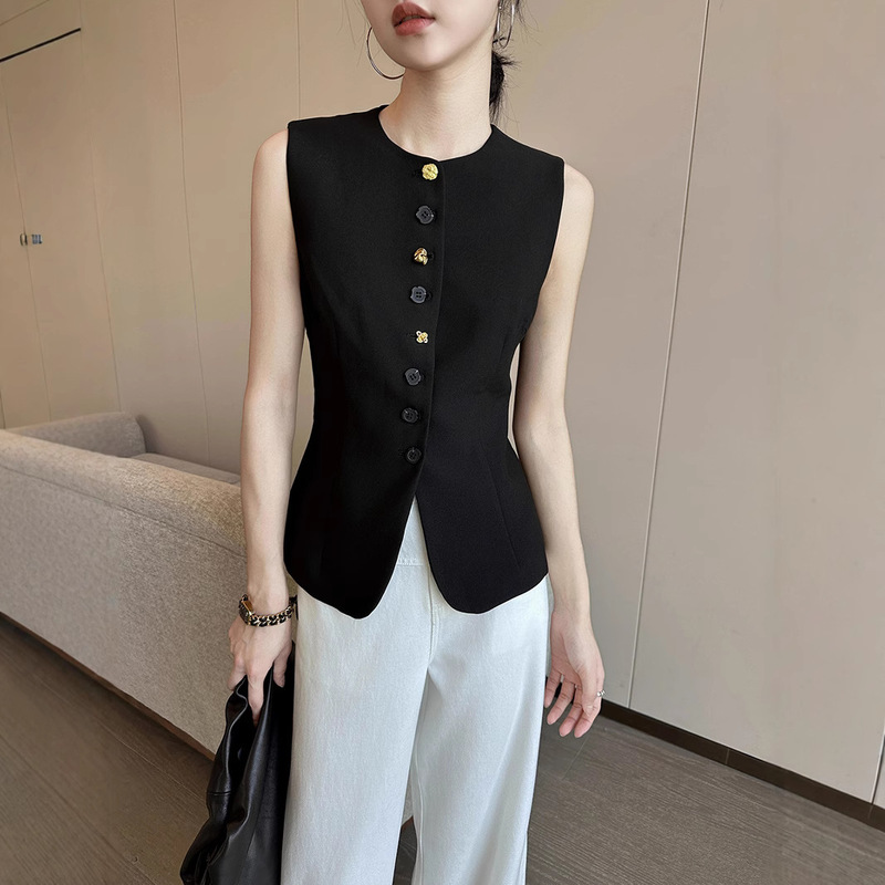 In-Stock Black Round-Neck Sleeveless Blazer Vest for Women, Summer 2025 New Waist-Slimming Layered Commuter Top