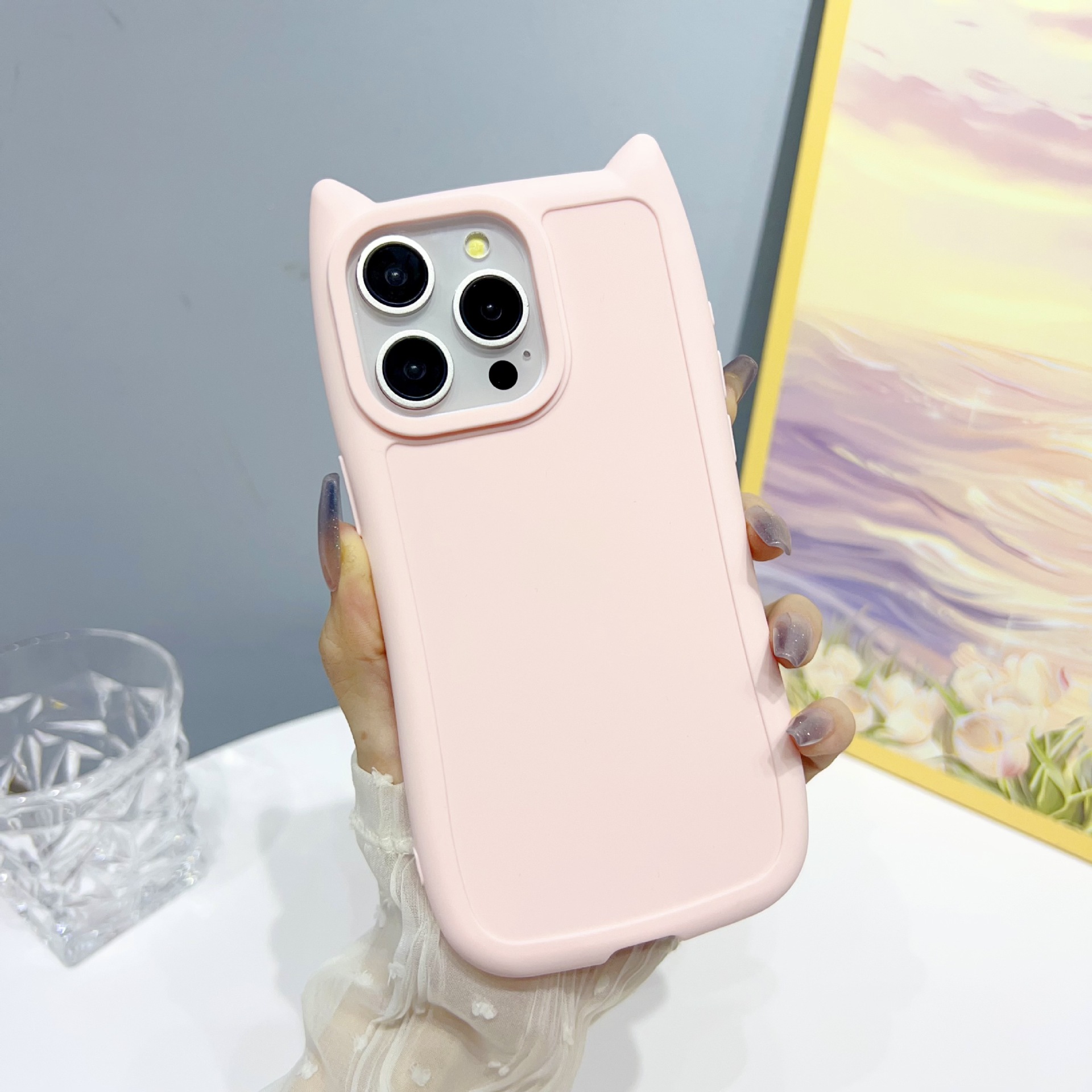 Matte Silicone Phone Case With Cat Ears For Iphone 16 Pro Max_voghion.com