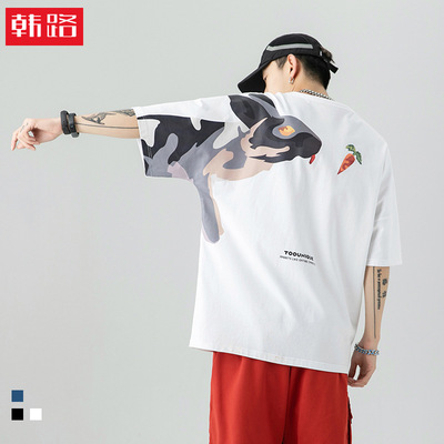韩路主推系列 2021夏季新款潮牌蝙蝠袖短袖T恤男装迷彩兔印花体恤