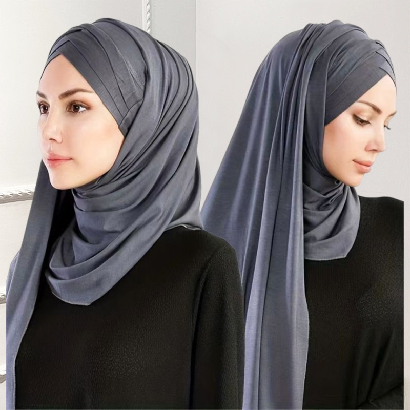 새로 출시된 3겹 크로스 브림 헤드스카프, 타이 랩 솔리드 컬러 머서리제이션 코튼 저지 롱 스카프 숄 베일