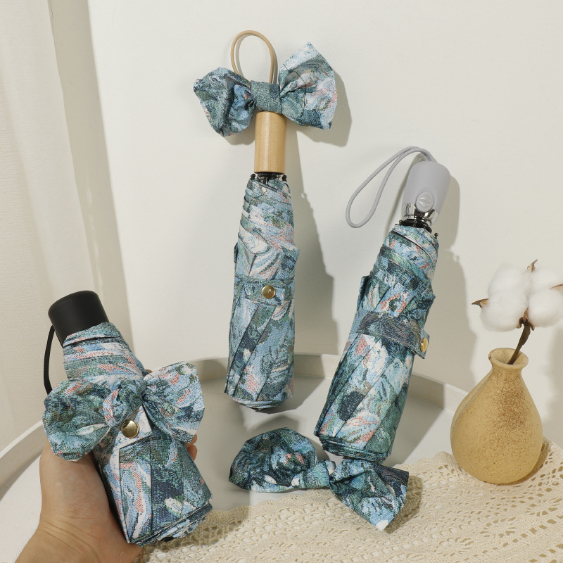 Ins Monet Garden Original Automatic Umbrella Women's Sunny and Rainy Dual-purpose Sunscreen Folding Sunshade Black Rubber Three-fold Sun Umbrella