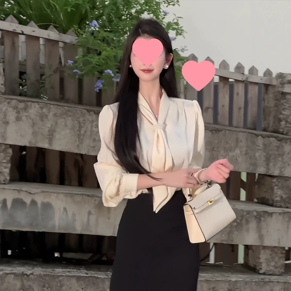 秋季新款法式职业金秘书穿搭气质长袖衬衫+高腰开叉半身裙套装女