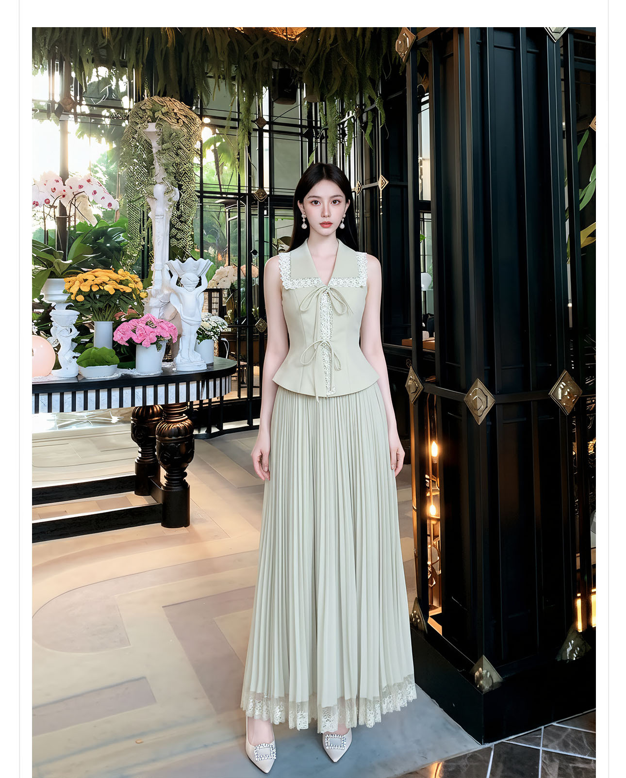 Set áo vest gile và chân váy ren phối ren thêu hoa, eo thon — bộ đồ, nửa váy, Trang chủ chi tiết 10