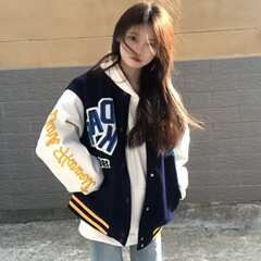 美式复古刺绣夹克休闲外套女秋2025新款宽松学院风撞色潮牌棒球服