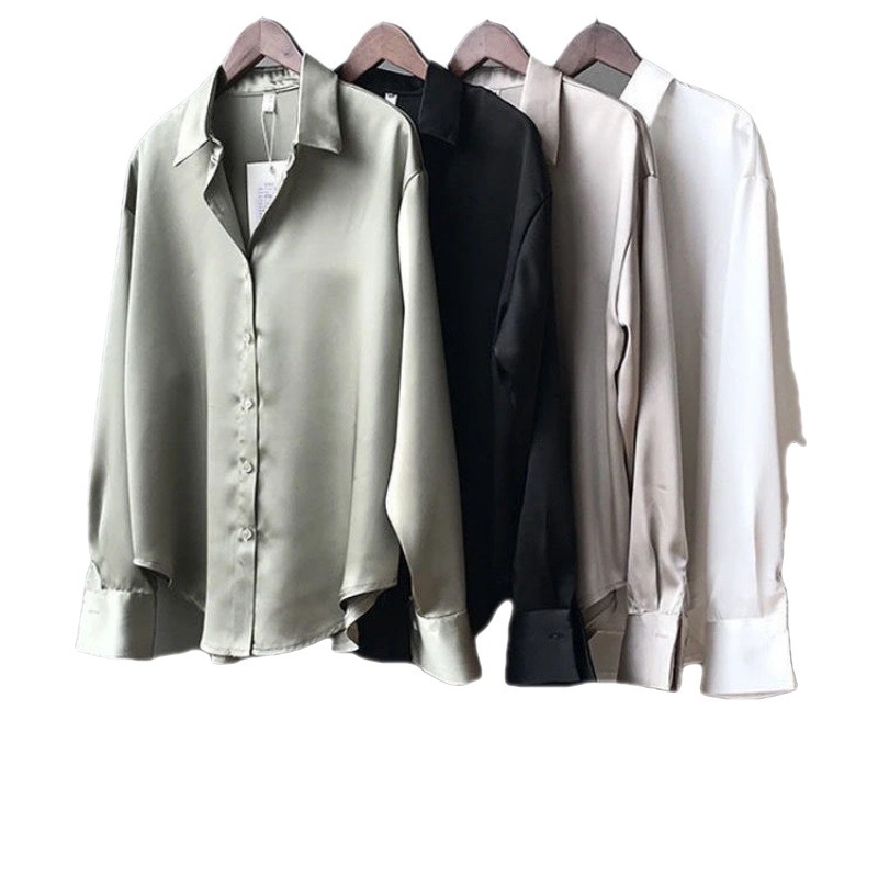 Women's Clothing acetate satin shirt women's glossy outer wear drape long sleeved shirt design niche light mature top spring_voghion.com