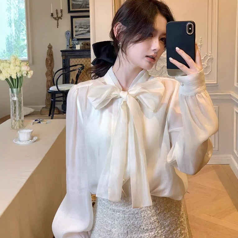 French-style bow-tie long-sleeve shirt for women, 2026 autumn new collection, long-sleeve design with tie detail