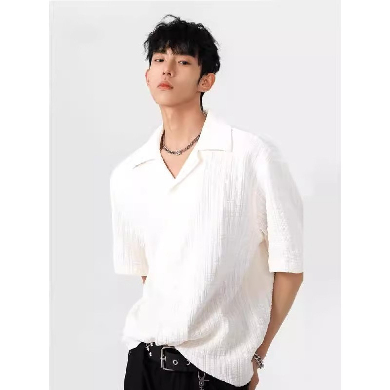 Cuban Collar Ice Silk Jacquard Short-Sleeved Shirt Men's Summer Niche High-End Shirt Casual Cleanfit Jacket