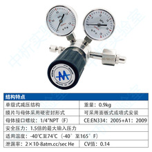 316L不銹鋼減壓閥調節單表終端氮氣氫氣氧氣天然氣鋼瓶雙表調壓閥